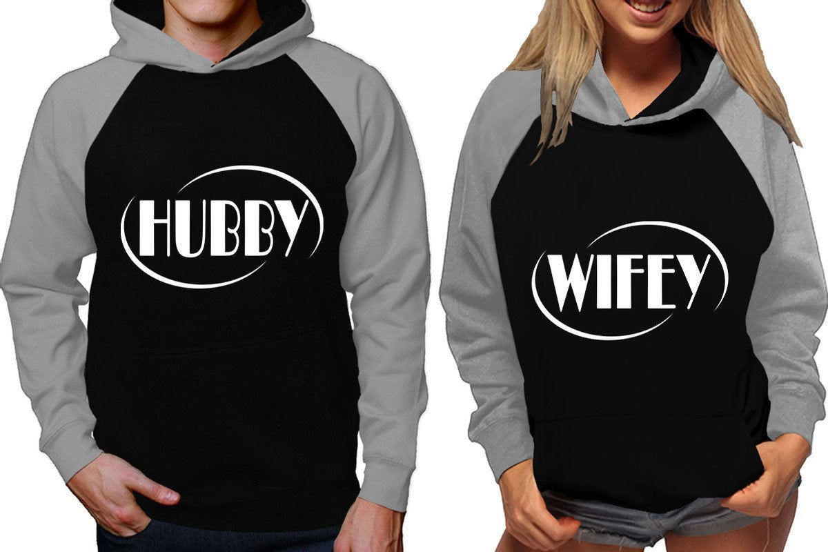 Hubby and Wifey raglan hoodies, Matching couple hoodies, Grey Black his and hers man and woman contrast raglan hoodies