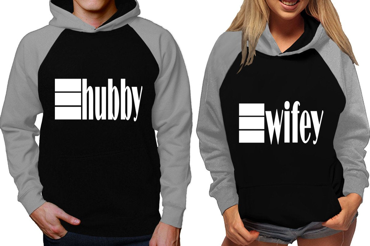 Hubby and Wifey raglan hoodies, Matching couple hoodies, Grey Black his and hers man and woman contrast raglan hoodies