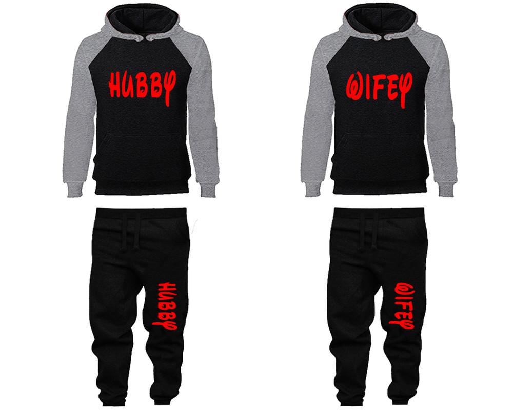 Hubby and Wifey matching top and bottom set, Grey Black raglan hoodie and sweatpants sets for mens, raglan hoodie and jogger set womens. Matching couple joggers.