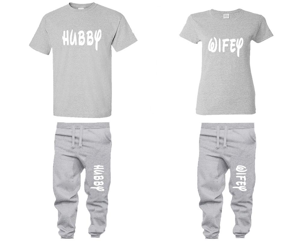 Hubby and Wifey shirts and jogger pants, matching top and bottom set, Sports Grey t shirts, men joggers, shirt and jogger pants women. Matching couple joggers