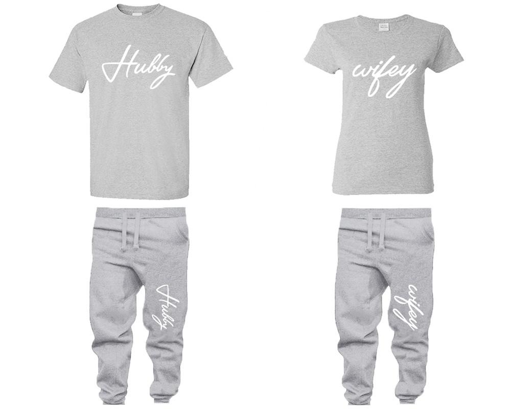 Hubby Wifey shirts, matching top and bottom set, Grey t shirts, men joggers, shirt and jogger pants women. Matching couple joggers