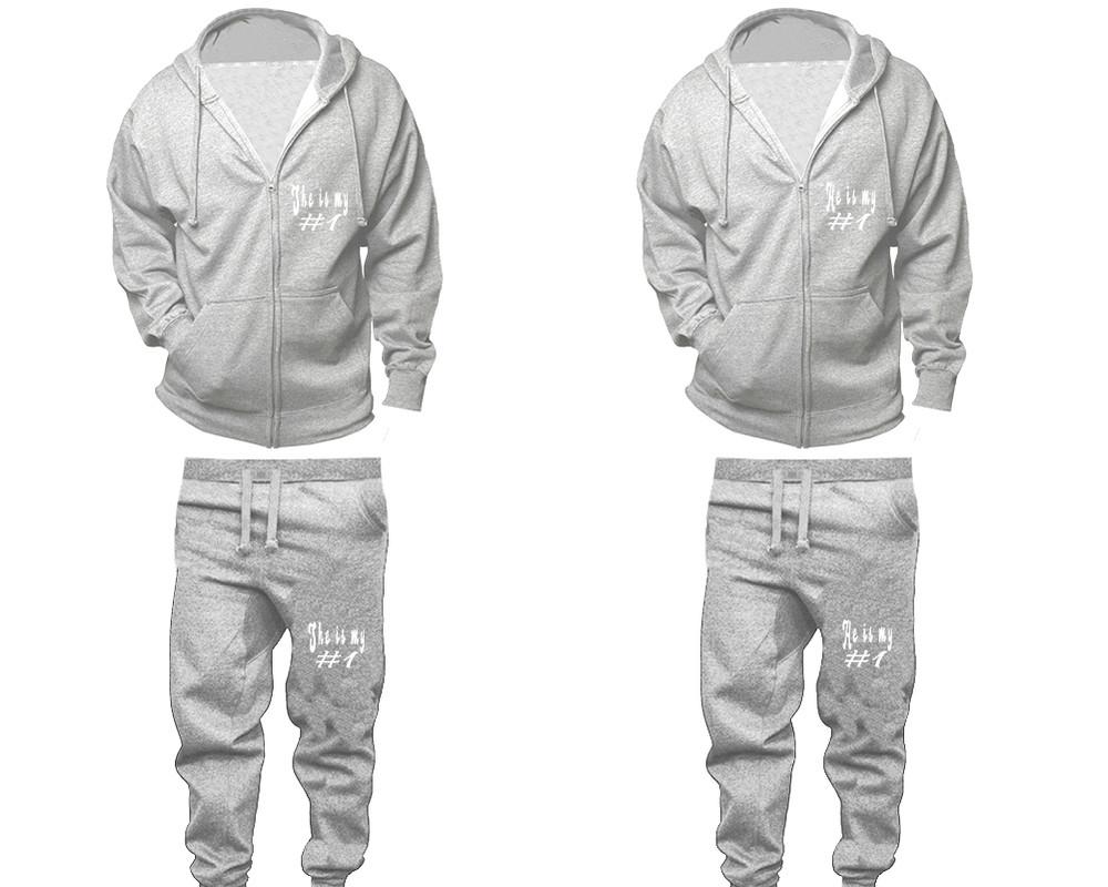 She's My Number 1 and He's My Number 1 zipper hoodies, Matching couple hoodies, Sports Grey zip up hoodie for man, Sports Grey zip up hoodie womens, Sports Grey jogger pants for man and woman.