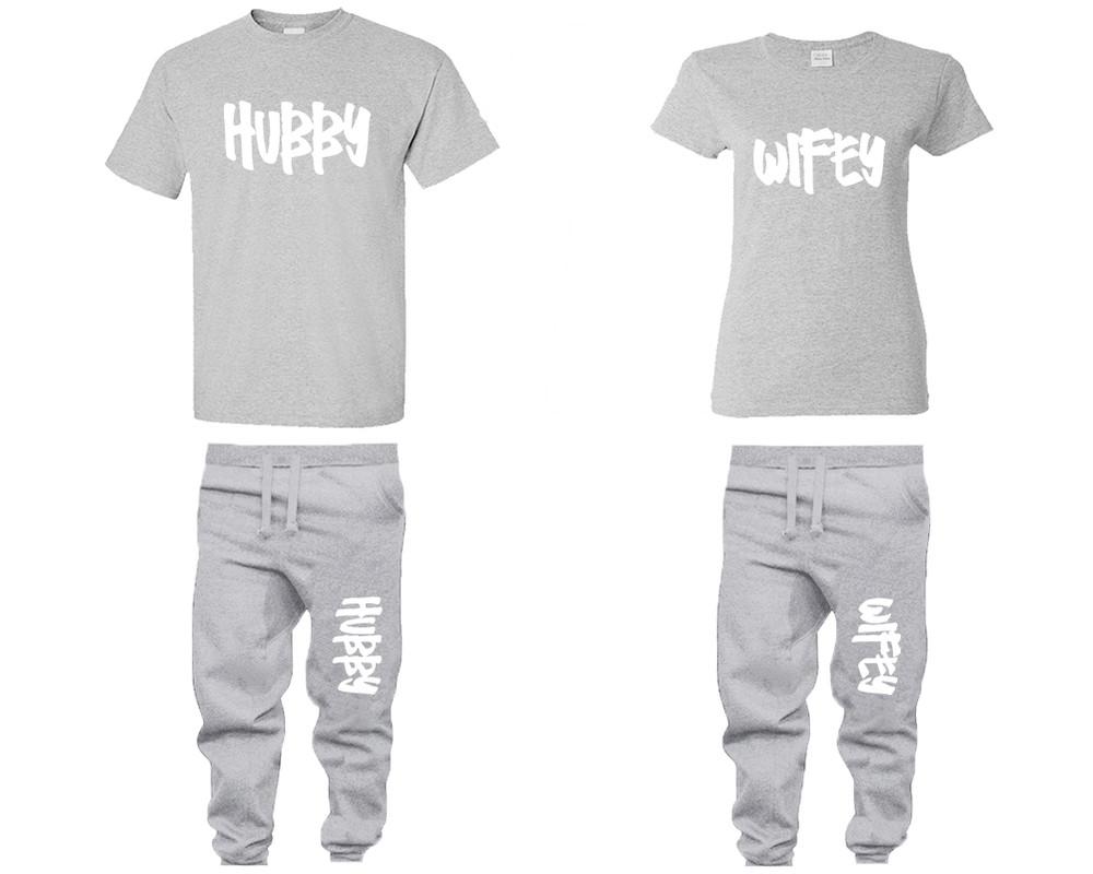 Hubby and Wifey shirts and jogger pants, matching top and bottom set, Sports Grey t shirts, men joggers, shirt and jogger pants women. Matching couple joggers