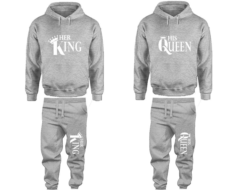 Her King and His Queen matching top and bottom set, Sports Grey pullover hoodie and sweatpants sets for mens, pullover hoodie and jogger set womens. Matching couple joggers.