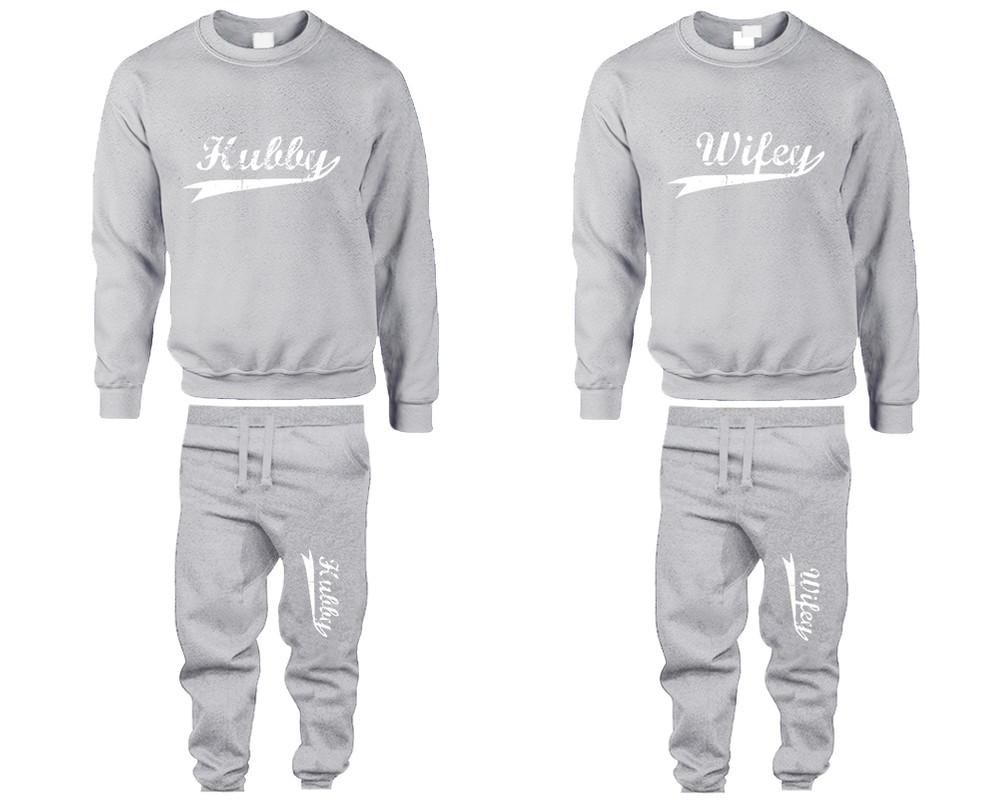 Hubby Wifey top and bottom sets. Grey sweatshirt and sweatpants set for men, sweater and jogger pants for women.