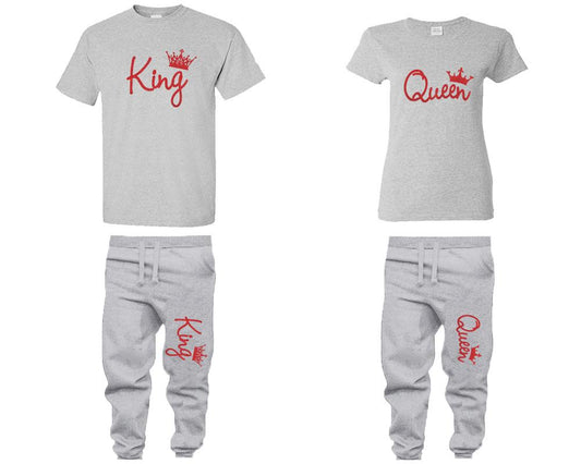 King and Queen shirts and jogger pants, matching top and bottom set, Sports Grey t shirts, men joggers, shirt and jogger pants women. Matching couple joggers