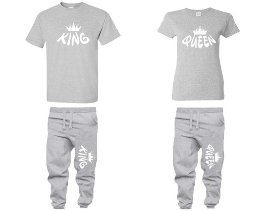 King and Queen shirts and jogger pants, matching top and bottom set, Sports Grey t shirts, men joggers, shirt and jogger pants women. Matching couple joggers