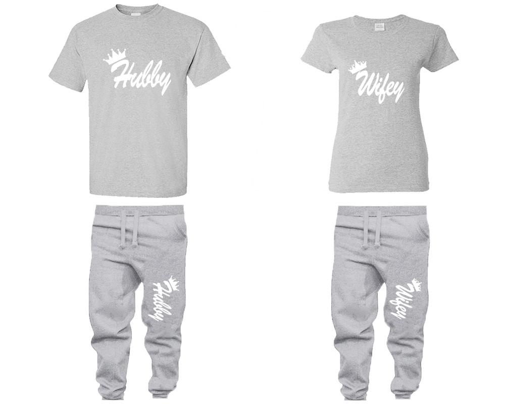 Hubby and Wifey shirts and jogger pants, matching top and bottom set, Sports Grey t shirts, men joggers, shirt and jogger pants women. Matching couple joggers