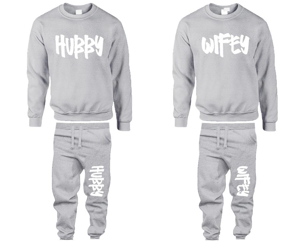 Hubby and Wifey top and bottom sets. Sports Grey sweatshirt and sweatpants set for men, sweater and jogger pants for women.