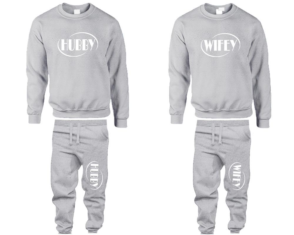 Hubby and Wifey top and bottom sets. Sports Grey sweatshirt and sweatpants set for men, sweater and jogger pants for women.