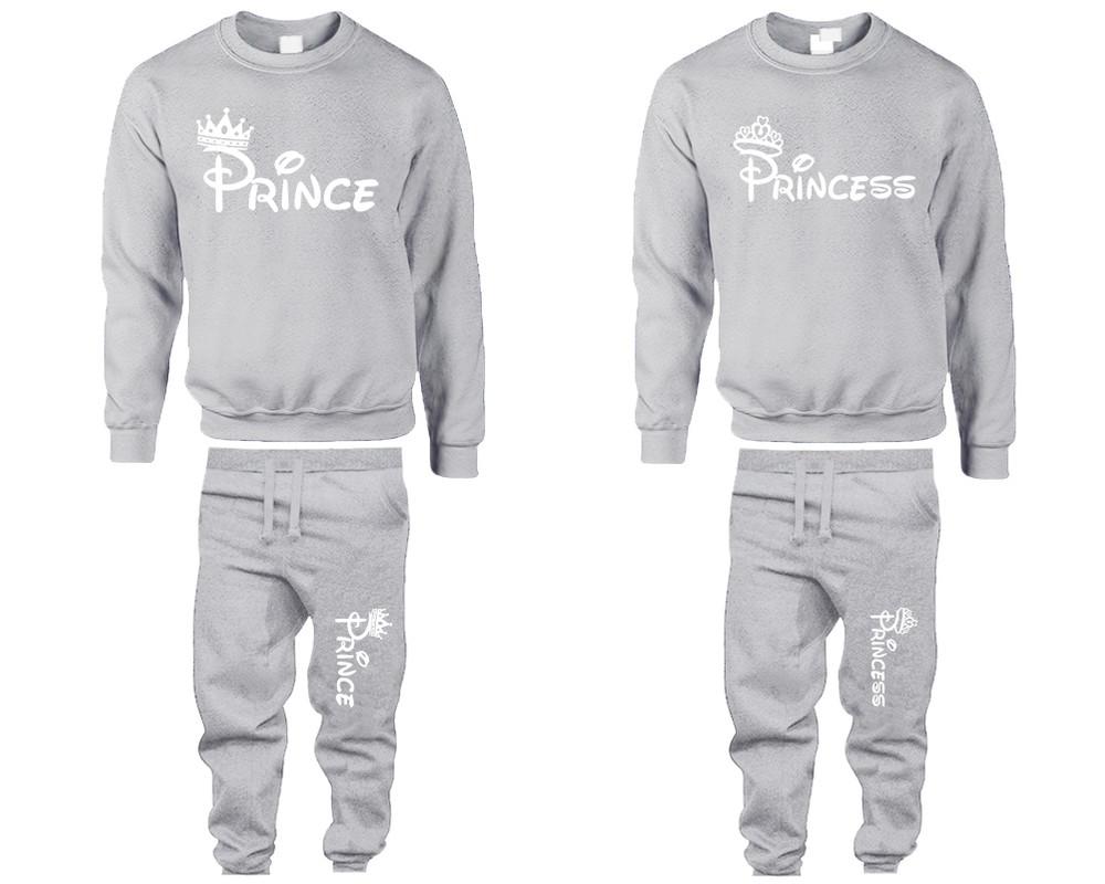 Prince Princess top and bottom sets. Grey sweatshirt and sweatpants set for men, sweater and jogger pants for women.