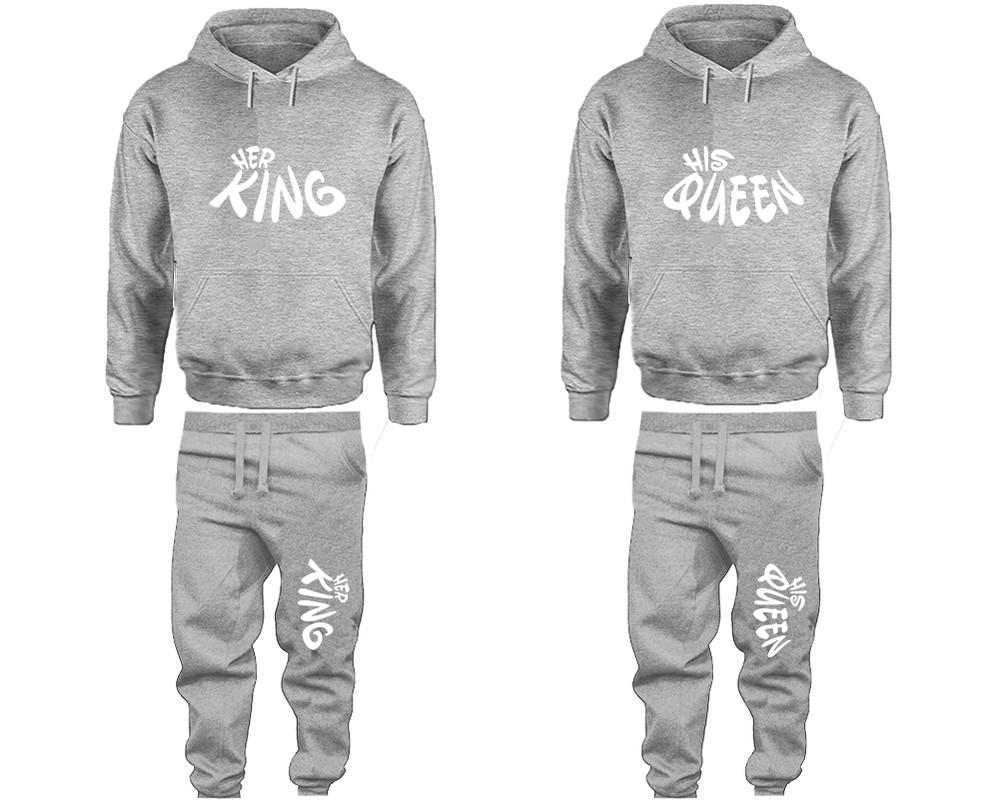 Her King and His Queen matching top and bottom set, Sports Grey pullover hoodie and sweatpants sets for mens, pullover hoodie and jogger set womens. Matching couple joggers.