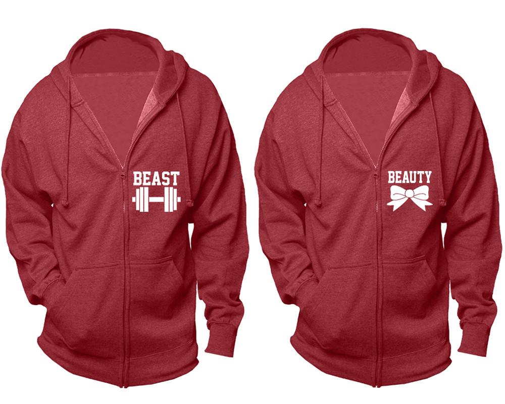 Beast and Beauty zipper hoodies, Matching couple hoodies, Heather Burgundy zip up hoodie for man, Heather Burgundy zip up hoodie womens