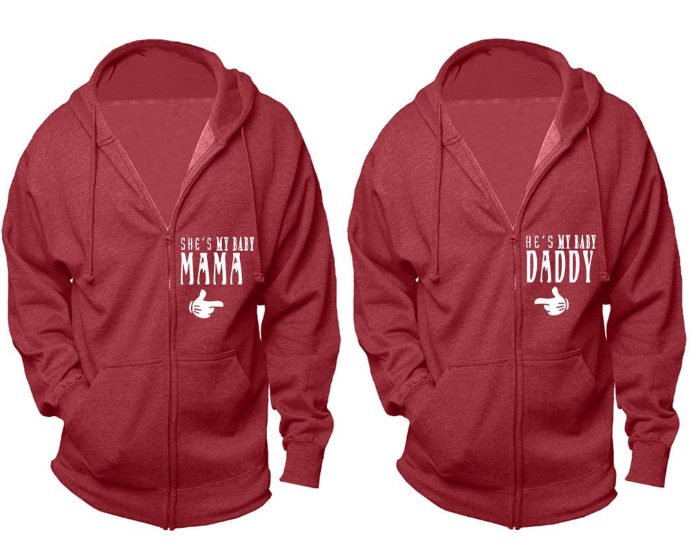 She's My Baby Mama and He's My Baby Daddy zipper hoodies, Matching couple hoodies, Heather Burgundy zip up hoodie for man, Heather Burgundy zip up hoodie womens