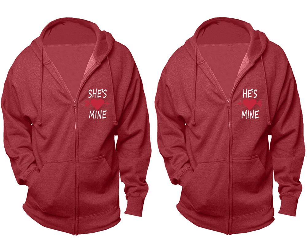 She's Mine and He's Mine zipper hoodies, Matching couple hoodies, Heather Burgundy zip up hoodie for man, Heather Burgundy zip up hoodie womens