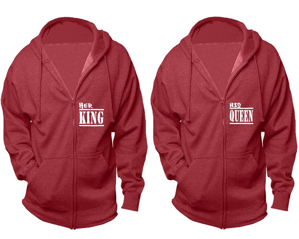 Her King and His Queen zipper hoodies, Matching couple hoodies, Heather Burgundy zip up hoodie for man, Heather Burgundy zip up hoodie womens