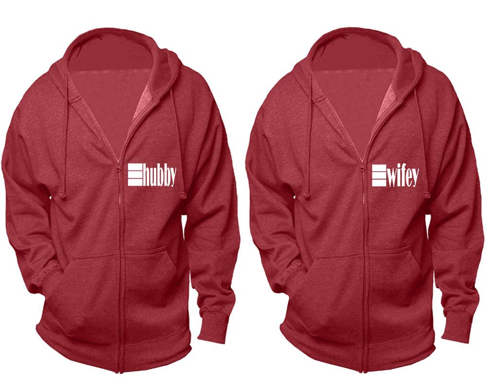 Hubby and Wifey zipper hoodies, Matching couple hoodies, Heather Burgundy zip up hoodie for man, Heather Burgundy zip up hoodie womens