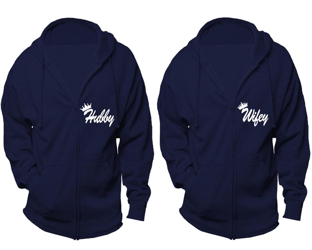 Hubby and Wifey zipper hoodies, Matching couple hoodies, Navy Blue zip up hoodie for man, Navy Blue zip up hoodie womens