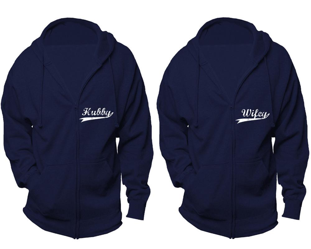 Hubby and Wifey zipper hoodies, Matching couple hoodies, Navy Blue zip up hoodie for man, Navy Blue zip up hoodie womens