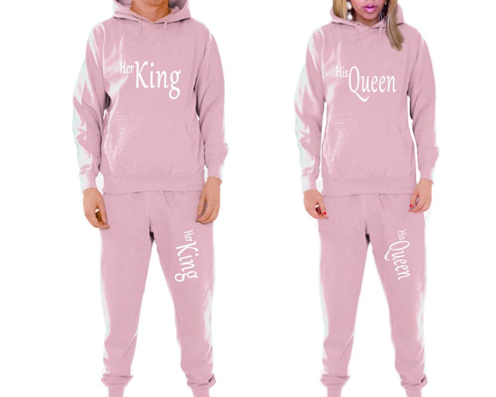 Her King and His Queen matching top and bottom set, Pink pullover hoodie and sweatpants sets for mens, pullover hoodie and jogger set womens. Matching couple joggers.