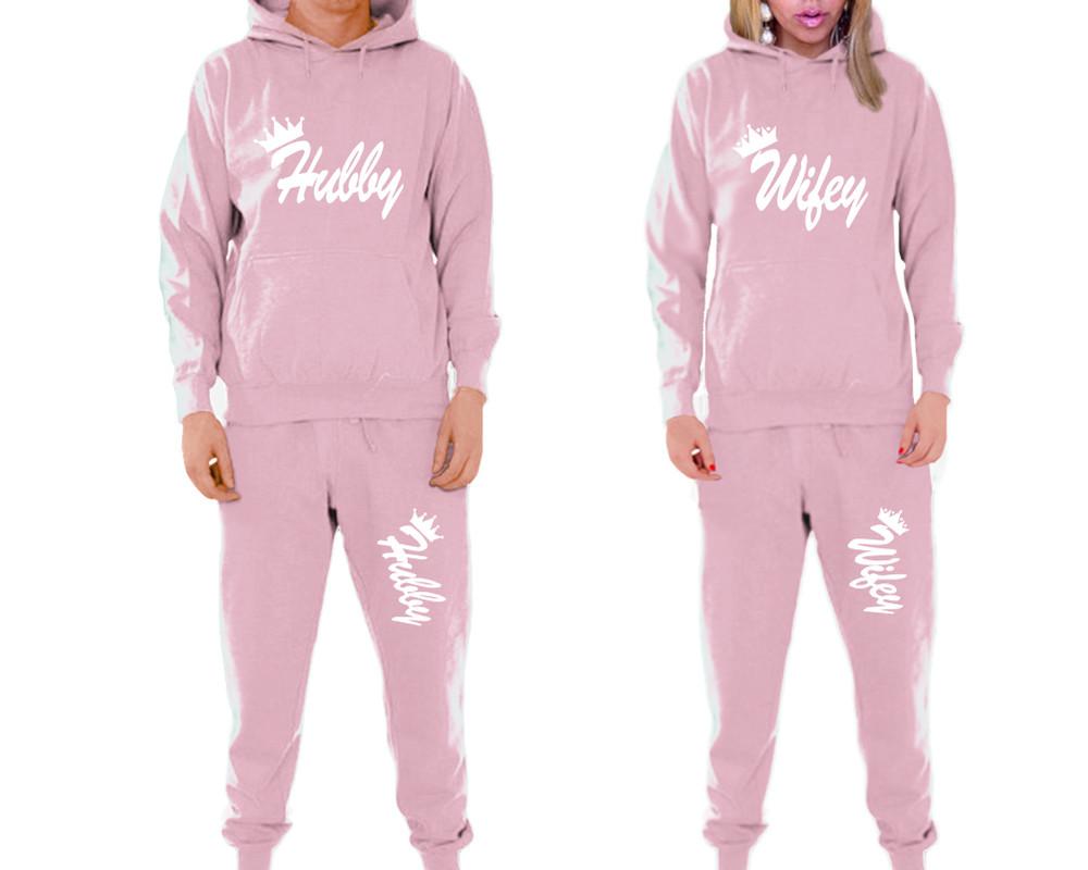 Hubby and Wifey matching top and bottom set, Pink pullover hoodie and sweatpants sets for mens, pullover hoodie and jogger set womens. Matching couple joggers.
