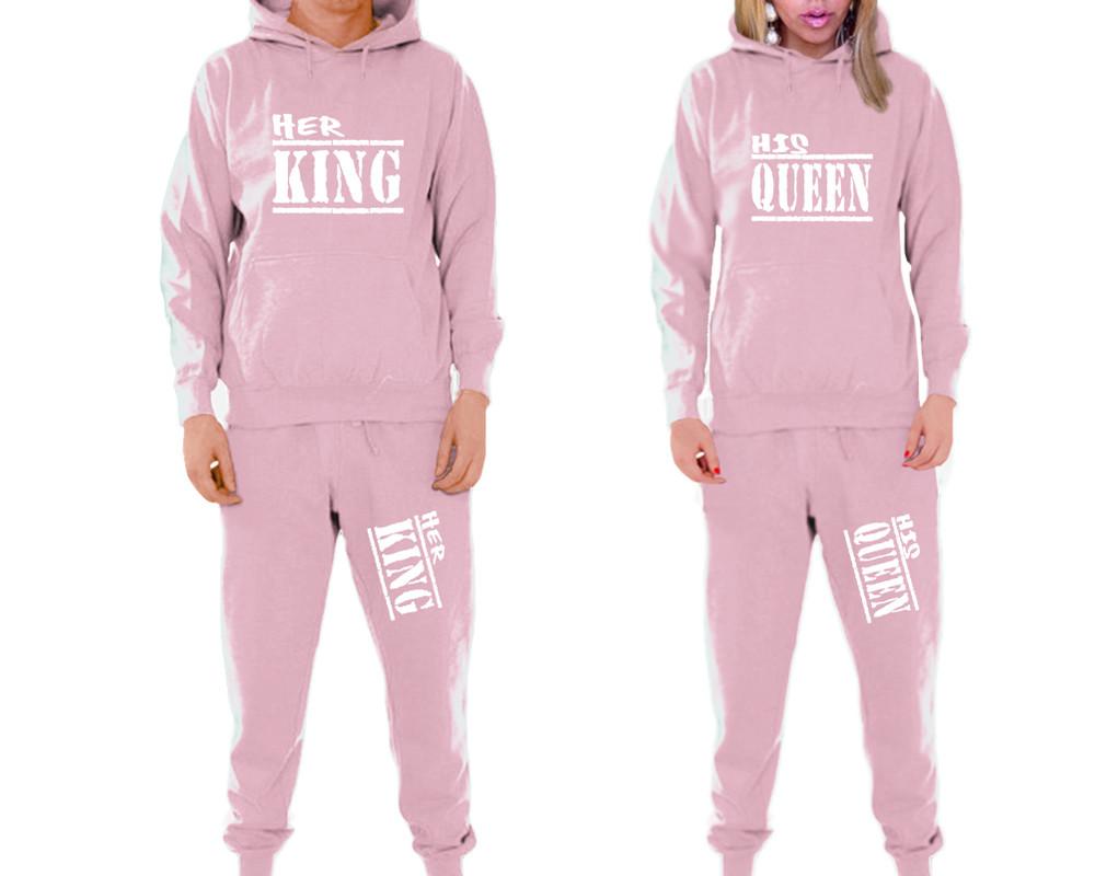 Her King and His Queen matching top and bottom set, Pink pullover hoodie and sweatpants sets for mens, pullover hoodie and jogger set womens. Matching couple joggers.