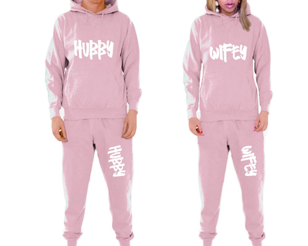 Hubby and Wifey matching top and bottom set, Pink pullover hoodie and sweatpants sets for mens, pullover hoodie and jogger set womens. Matching couple joggers.