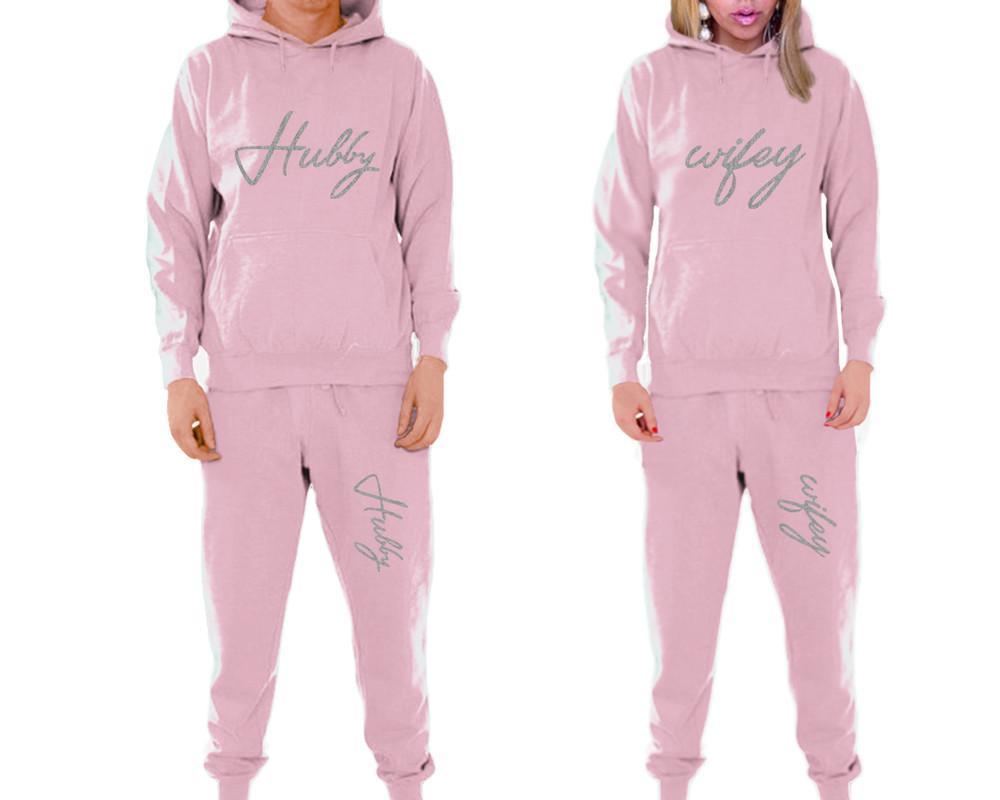 Hubby and Wifey matching top and bottom set, Pink pullover hoodie and sweatpants sets for mens, pullover hoodie and jogger set womens. Matching couple joggers.