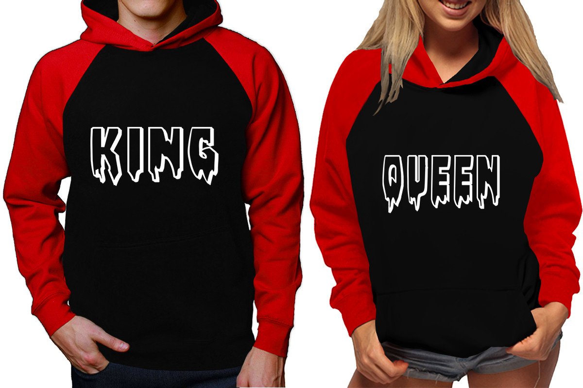 King and Queen raglan hoodies, Matching couple hoodies, Red Black King Queen design on man and woman hoodies