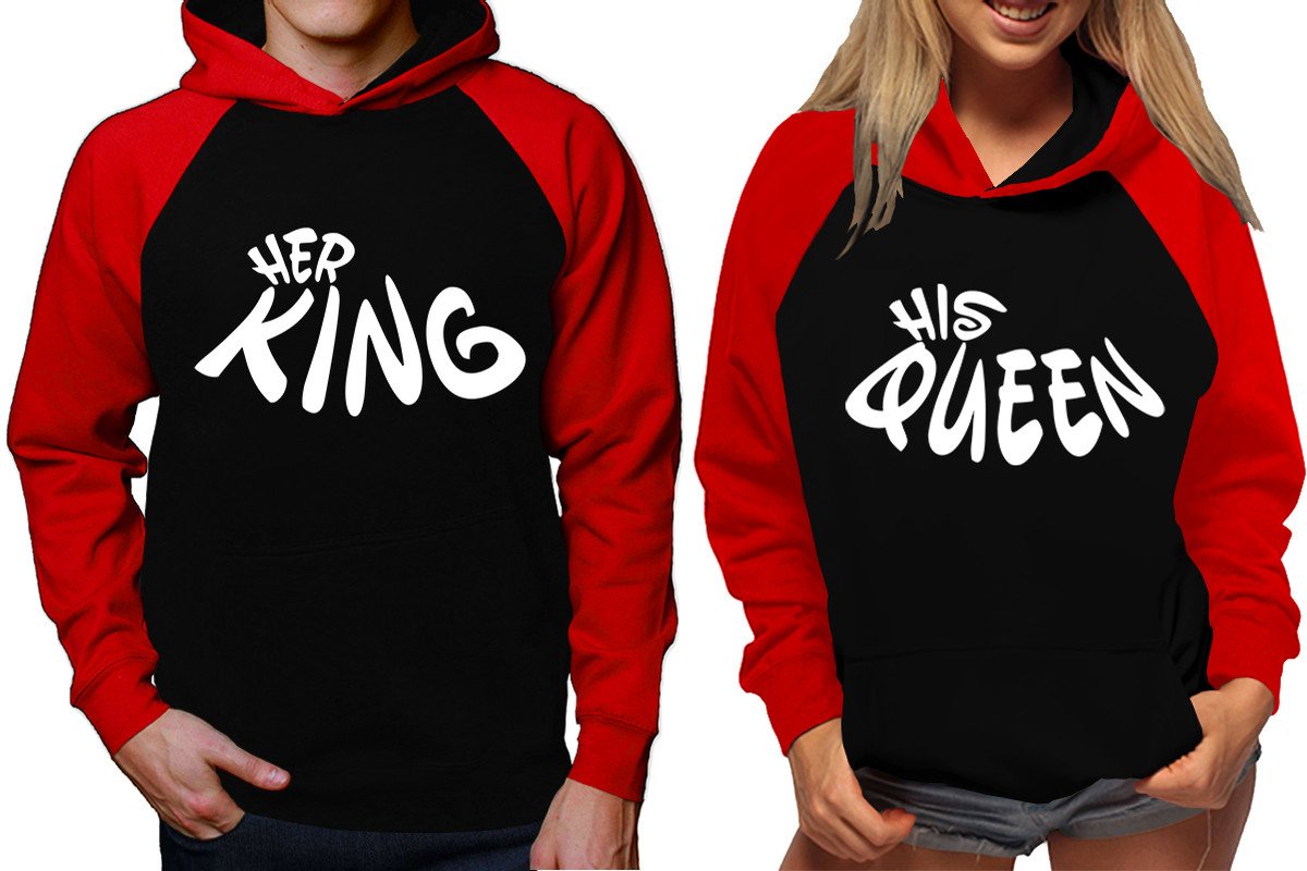 Her King and His Queen raglan hoodies, Matching couple hoodies, Red Black King Queen design on man and woman hoodies