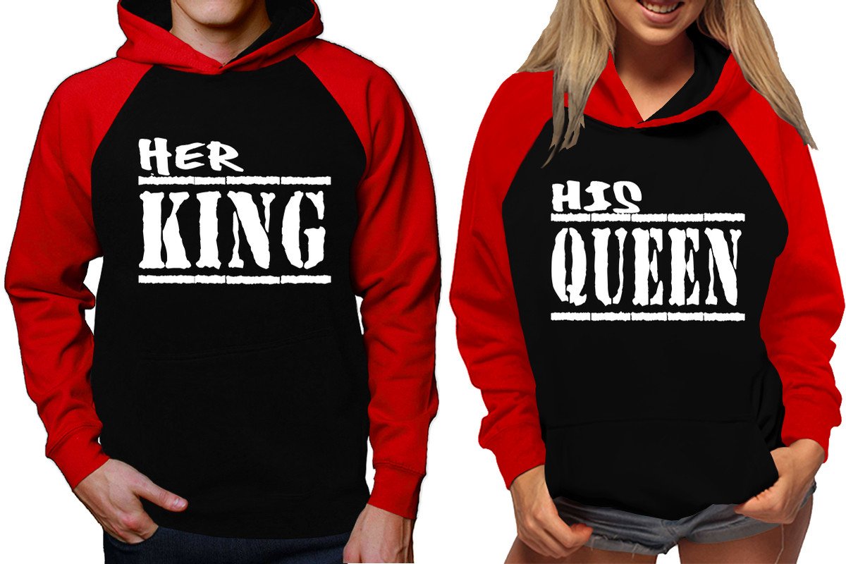 Her King and His Queen raglan hoodies, Matching couple hoodies, Red Black King Queen design on man and woman hoodies