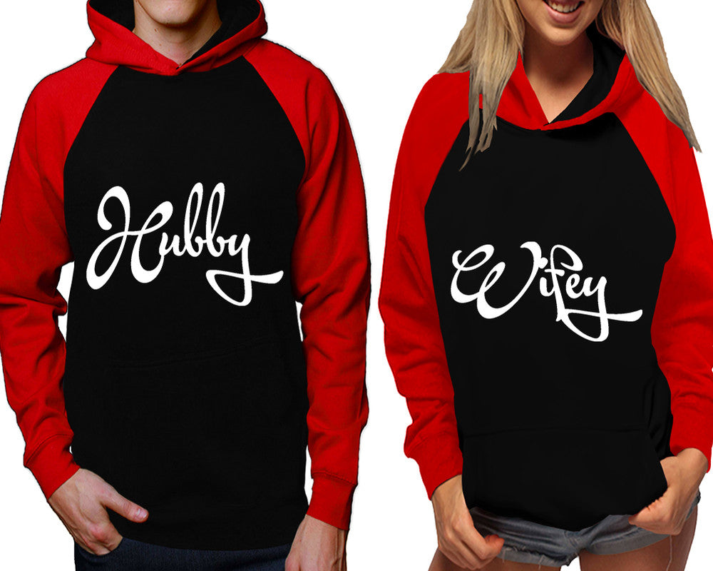 Hubby and Wifey raglan hoodies, Matching couple hoodies, Red Black his and hers man and woman contrast raglan hoodies