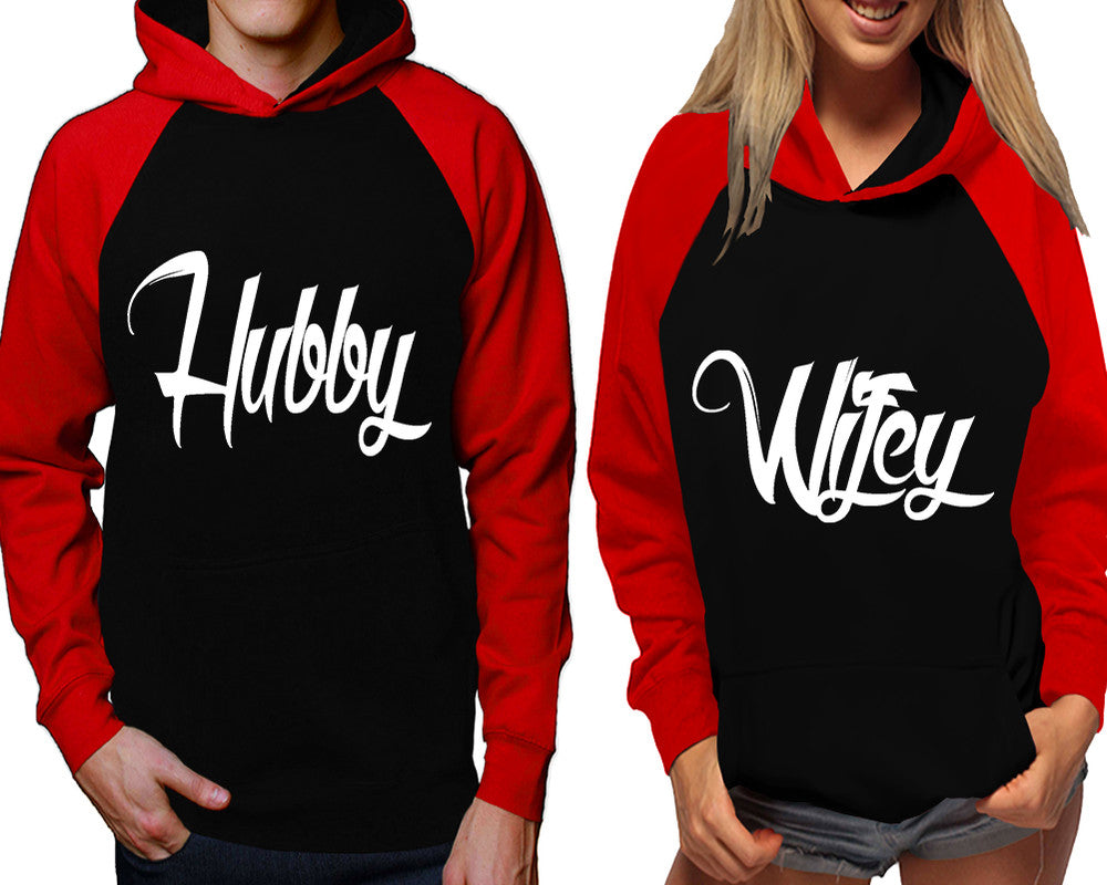 Hubby and Wifey raglan hoodies, Matching couple hoodies, Red Black his and hers man and woman contrast raglan hoodies