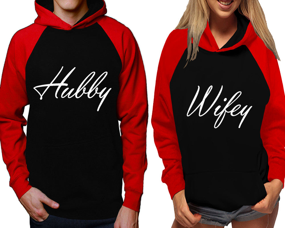 Hubby and Wifey raglan hoodies, Matching couple hoodies, Red Black his and hers man and woman contrast raglan hoodies