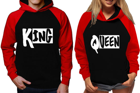 King and Queen raglan hoodies, Matching couple hoodies, Red Black King Queen design on man and woman hoodies