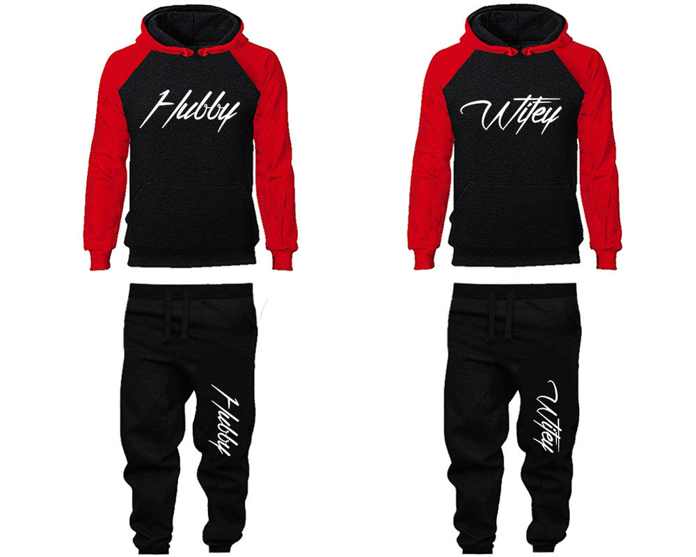 Hubby and Wifey matching top and bottom set, Red Black raglan hoodie and sweatpants sets for mens, raglan hoodie and jogger set womens. Matching couple joggers.