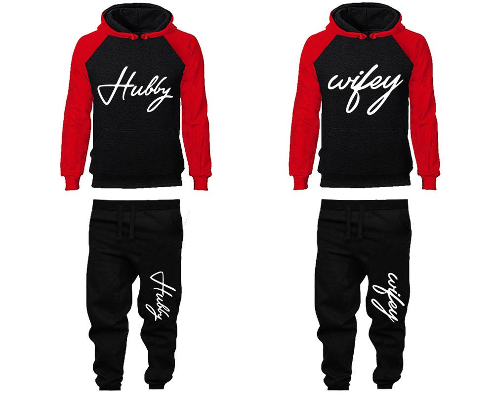 Hubby Wifey matching top and bottom set, Red Black raglan hoodie and sweatpants sets for mens, raglan hoodie and jogger set womens. Matching couple joggers.