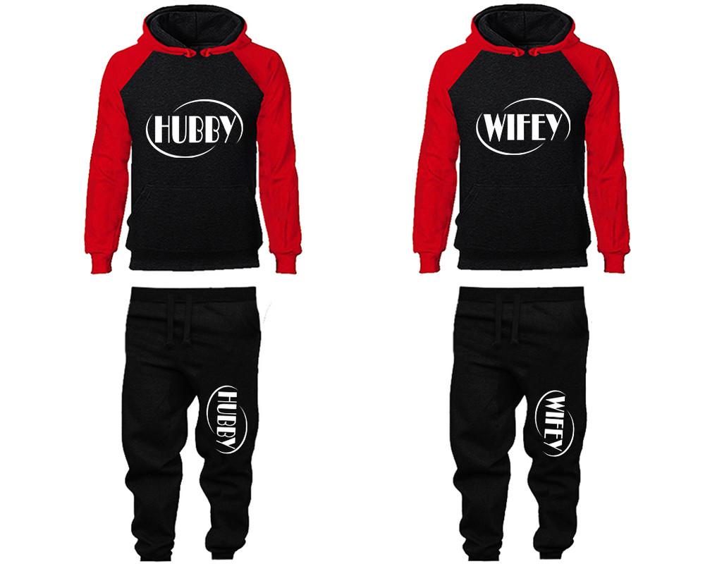 Hubby and Wifey matching top and bottom set, Red Black raglan hoodie and sweatpants sets for mens, raglan hoodie and jogger set womens. Matching couple joggers.