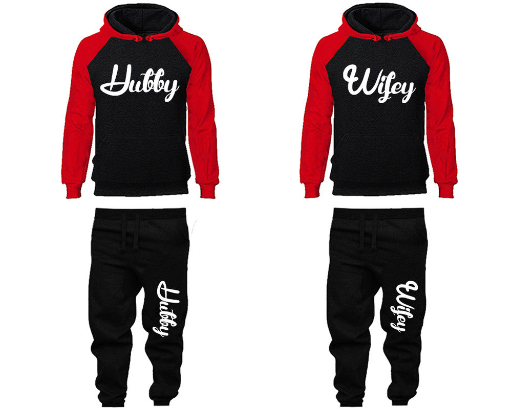 Hubby and Wifey matching top and bottom set, Red Black raglan hoodie and sweatpants sets for mens, raglan hoodie and jogger set womens. Matching couple joggers.