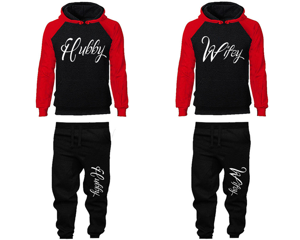 Hubby and Wifey matching top and bottom set, Red Black raglan hoodie and sweatpants sets for mens, raglan hoodie and jogger set womens. Matching couple joggers.