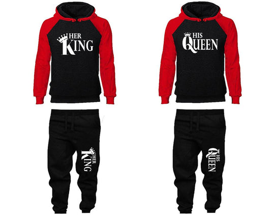 Her King and His Queen matching top and bottom set, Red Black raglan hoodie and sweatpants sets for mens, raglan hoodie and jogger set womens. Matching couple joggers.