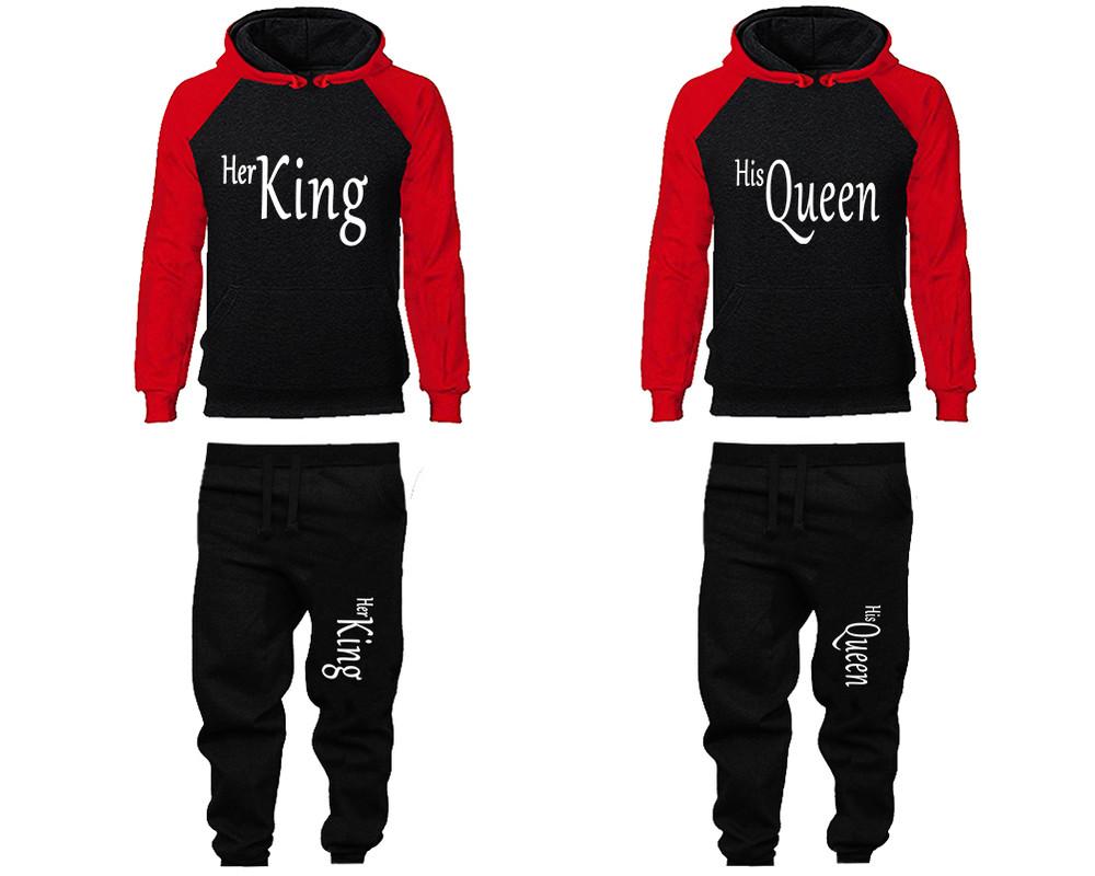 Her King and His Queen matching top and bottom set, Red Black raglan hoodie and sweatpants sets for mens, raglan hoodie and jogger set womens. Matching couple joggers.