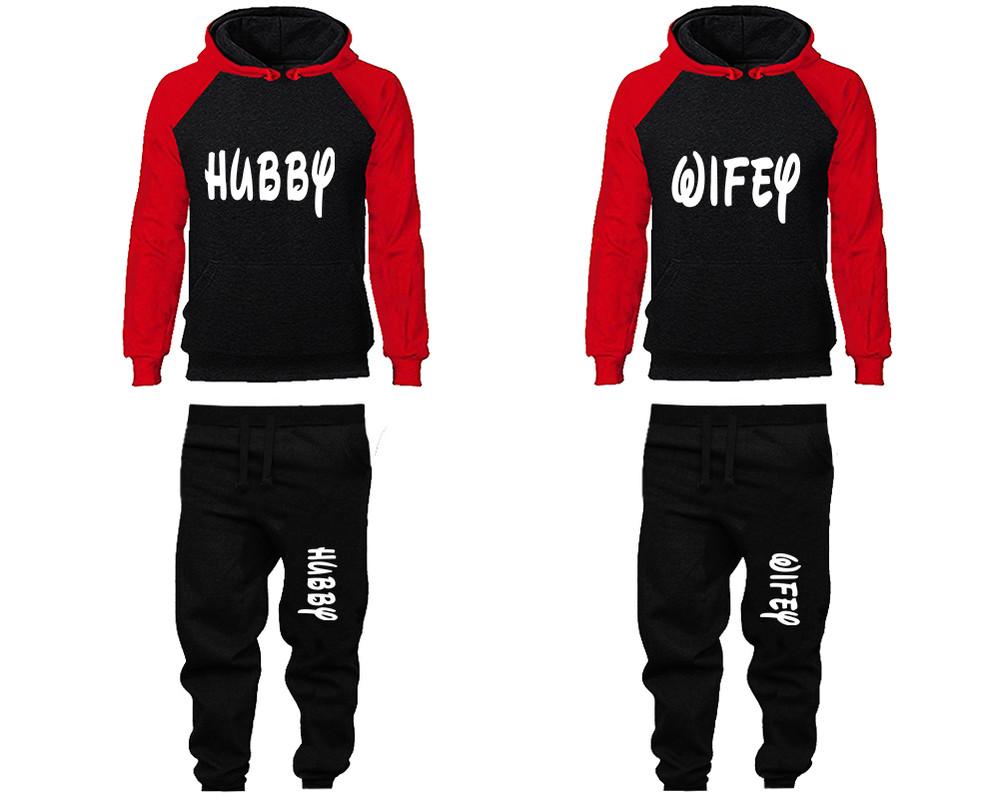 Hubby and Wifey matching top and bottom set, Red Black raglan hoodie and sweatpants sets for mens, raglan hoodie and jogger set womens. Matching couple joggers.