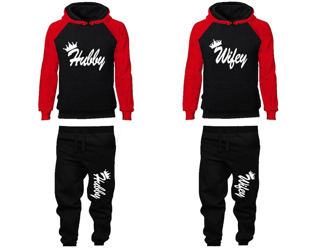Hubby and Wifey matching top and bottom set, Red Black raglan hoodie and sweatpants sets for mens, raglan hoodie and jogger set womens. Matching couple joggers.
