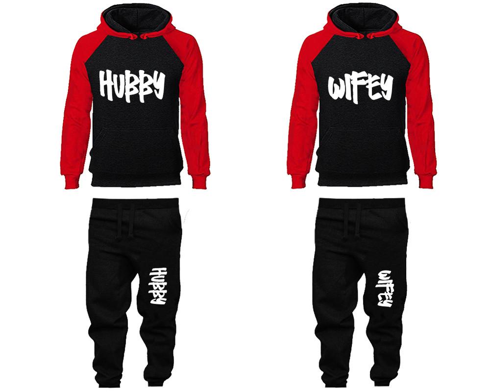 Hubby and Wifey matching top and bottom set, Red Black raglan hoodie and sweatpants sets for mens, raglan hoodie and jogger set womens. Matching couple joggers.