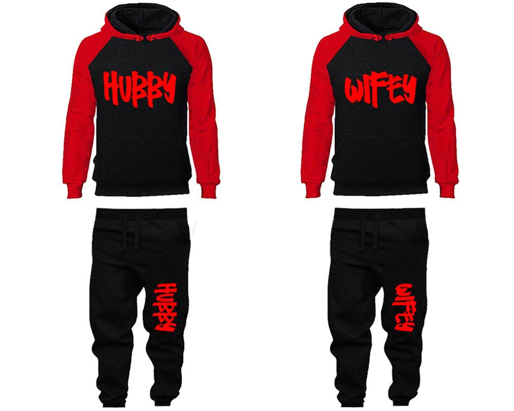 Hubby and Wifey matching top and bottom set, Red Black raglan hoodie and sweatpants sets for mens, raglan hoodie and jogger set womens. Matching couple joggers.