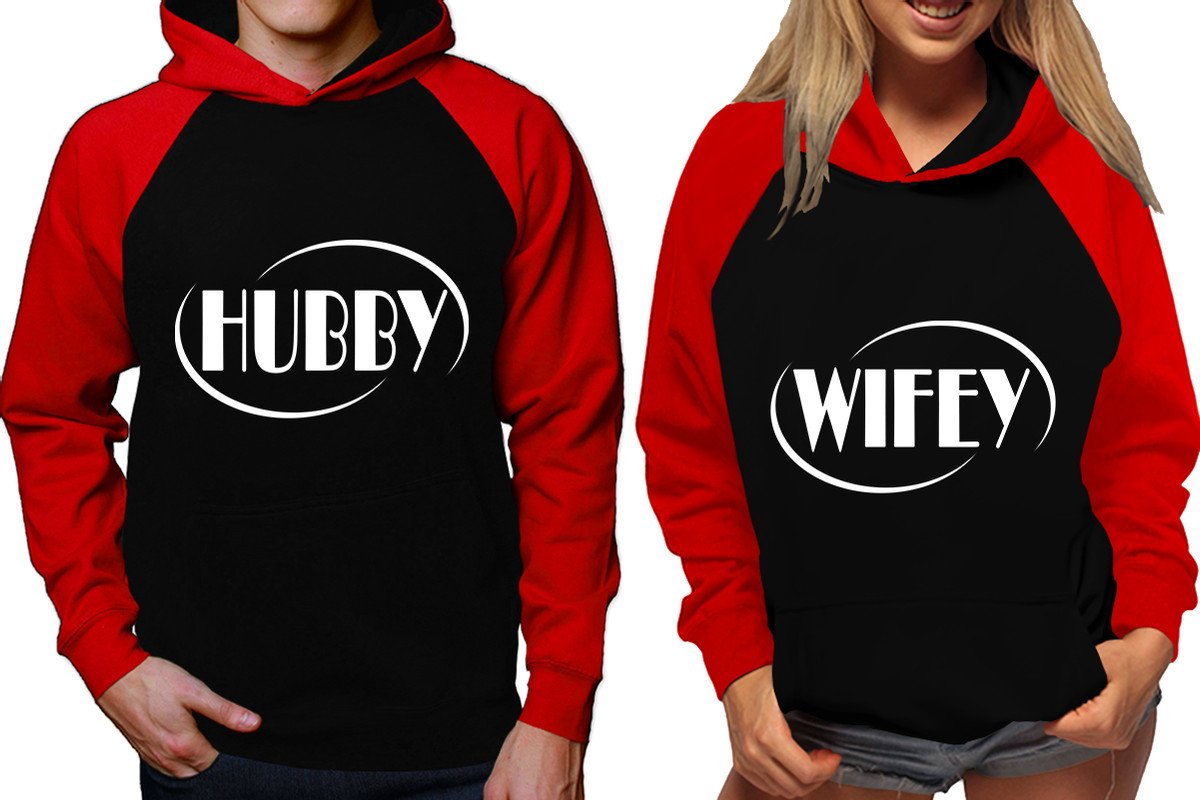 Hubby and Wifey raglan hoodies, Matching couple hoodies, Red Black his and hers man and woman contrast raglan hoodies