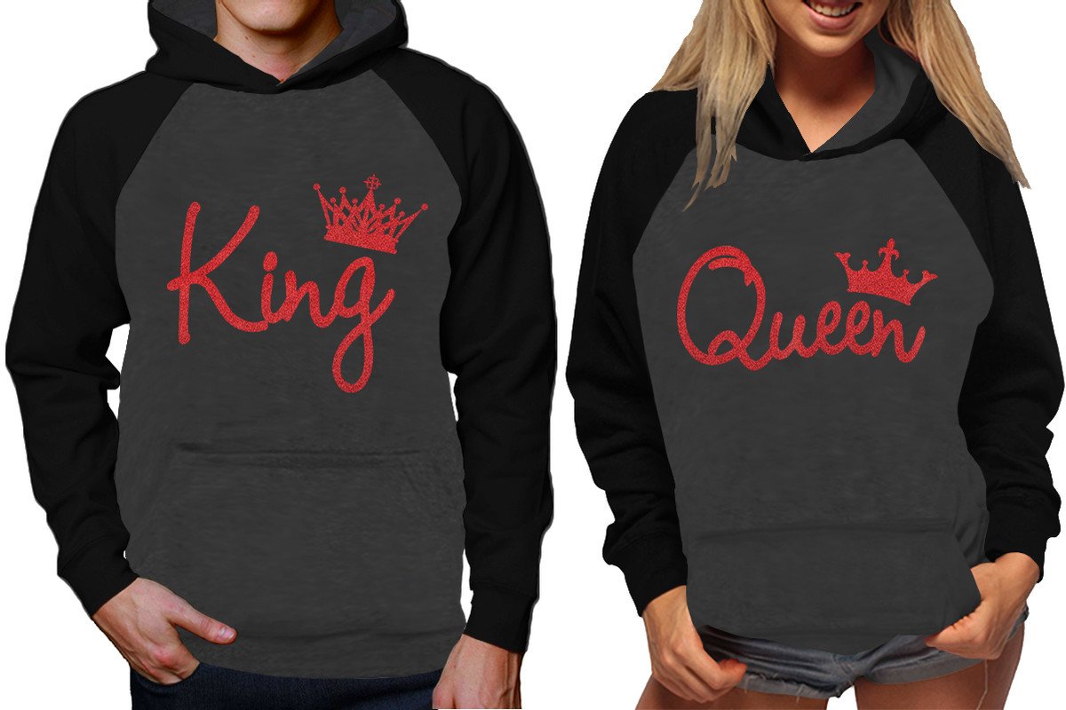 King and Queen raglan hoodies, Matching couple hoodies, Red Glitter King Queen design on man and woman hoodies