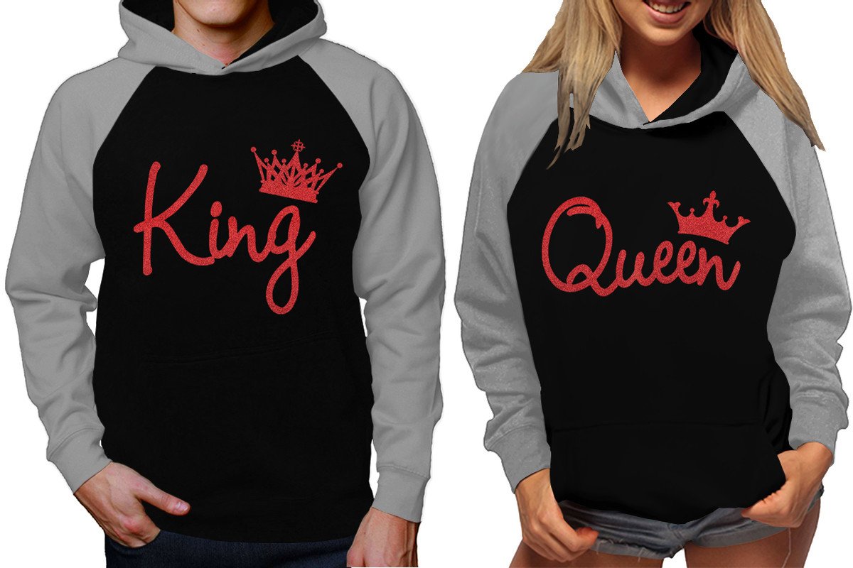 King and Queen raglan hoodies, Matching couple hoodies, Red Glitter King Queen design on man and woman hoodies