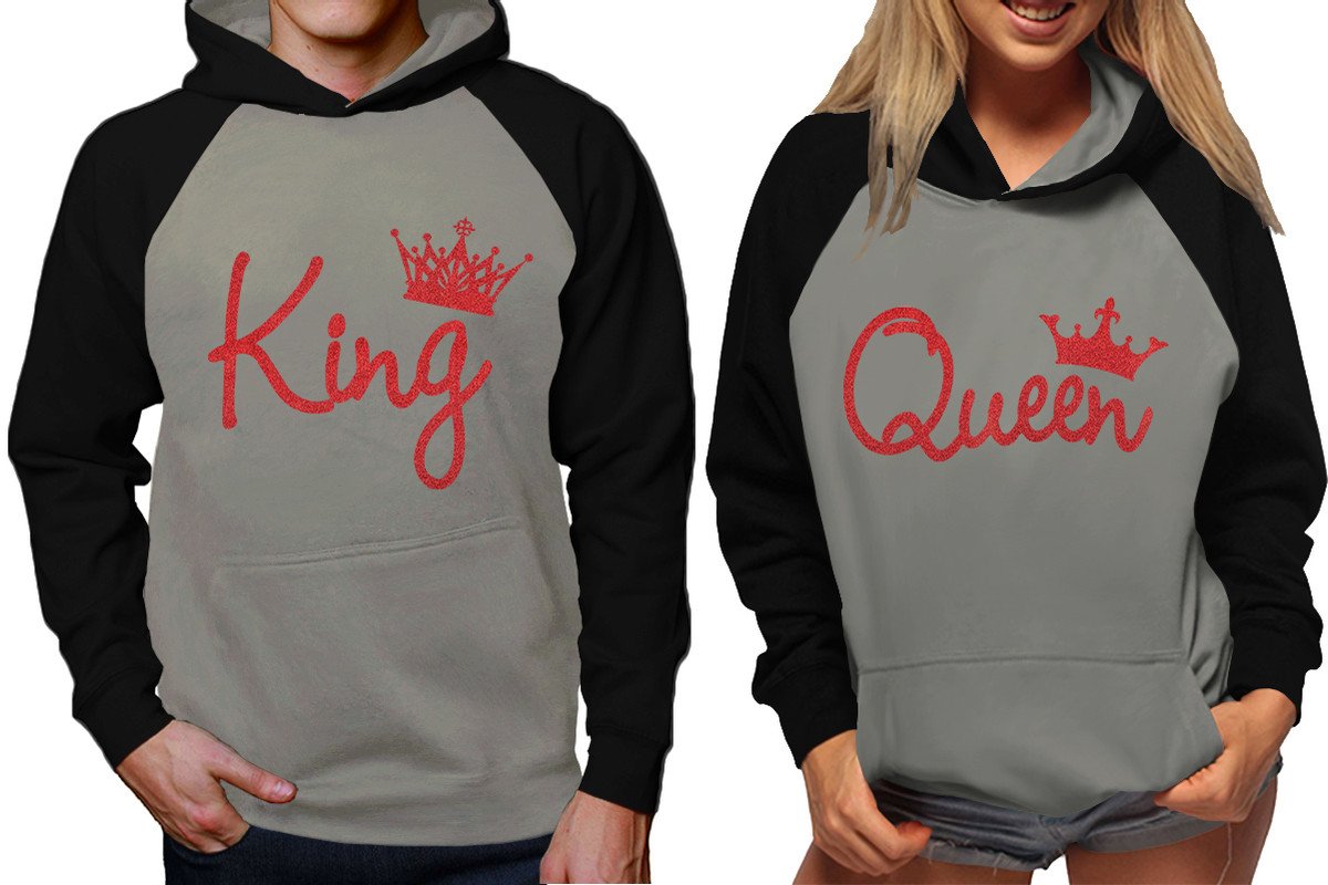 King and Queen raglan hoodies, Matching couple hoodies, Red Glitter King Queen design on man and woman hoodies